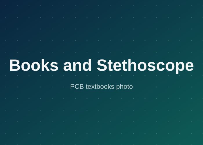 Stack of Biology, Chemistry, Physics and NCERT textbooks with a stethoscope